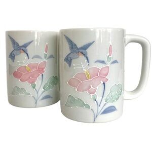 Otagiri Hummingbird Mugs Hand Painted 3D Effect Blue Pink Set Of Two VTG EUC